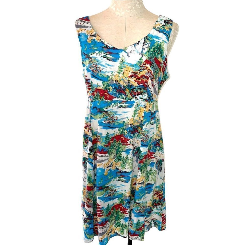 Dressing Clio Dress Womens Size Large L Vintage Asian Print Made In USA Blue Red